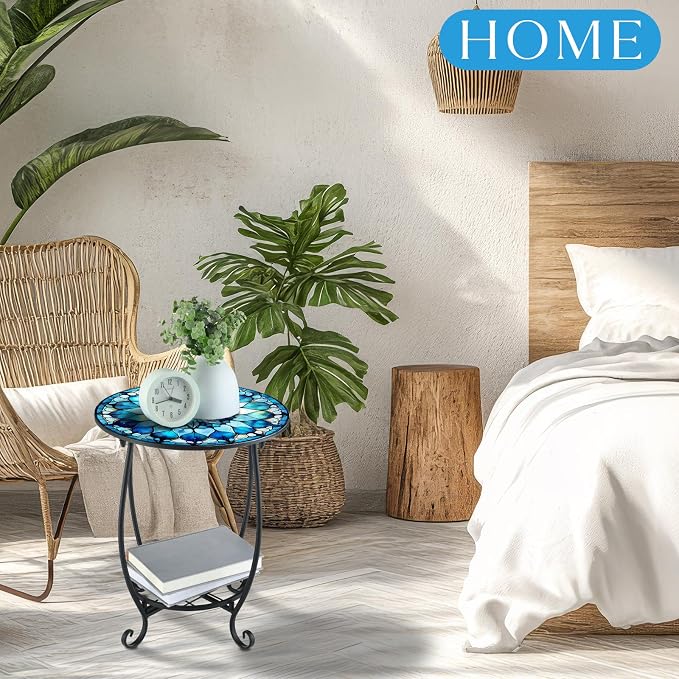 Cinnvoice Outdoor Side Table Round Small Mosaic Patio Accent Indoor End Plant Coffee Tea Table for Yard Patio Porch Garden Living Room, Bedroom(Mandala Style,16 Inch)
