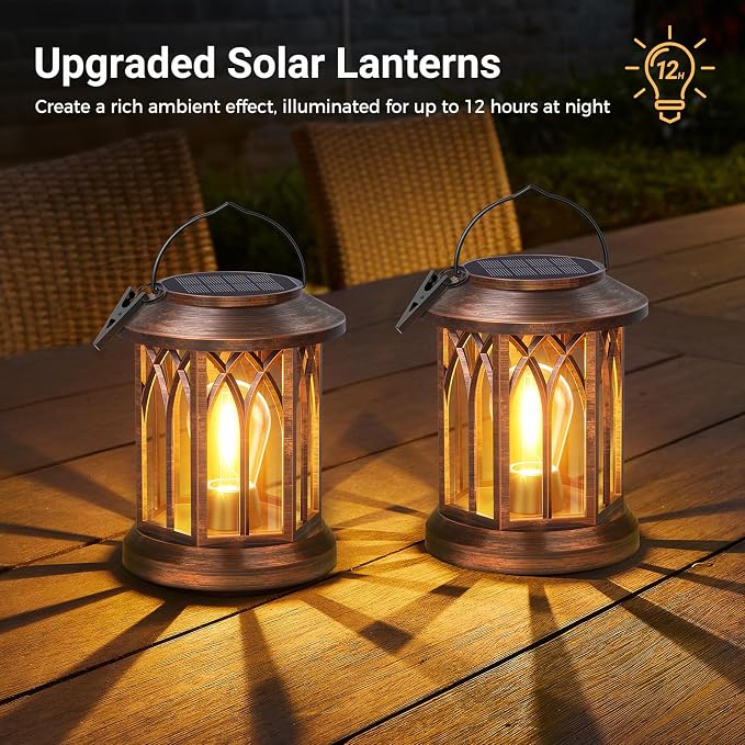 Solar Lanterns Outdoor Waterproof Lights 2 Pack, Built-in Hook Bright Lanterns Outdoor Light with Clip Garden Decor, Hanging Solar Lights for Yard Patio Front Porch Table Decoration (Copper)