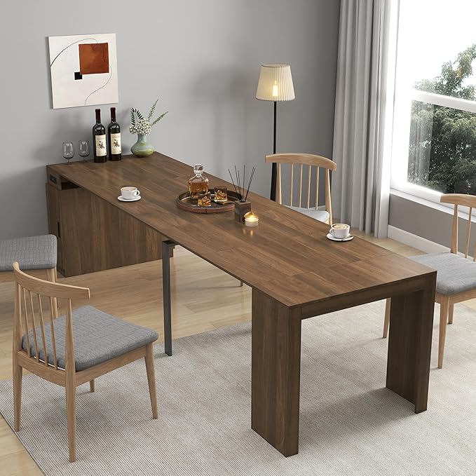 23.62”-118.11” Extendable Dining Room Table, 1-10 People Wood Long Foldable Tables with Storage Cabinet & Outlet, Space Saving Expanding Table with for Kitchen, Living Room, Party, Walnut