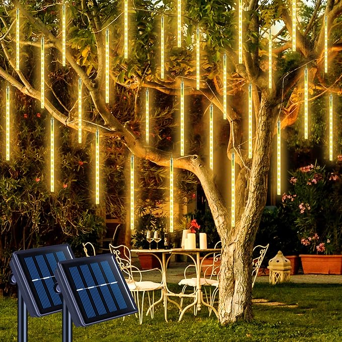 JMEXSUSS 2 Pack Warm White Solar Meteor Shower Lights | 16 Tube 288 LED Meteor Christmas Lights, Solar Christmas Lights Outdoor Waterproof for Tree Christmas Decorations