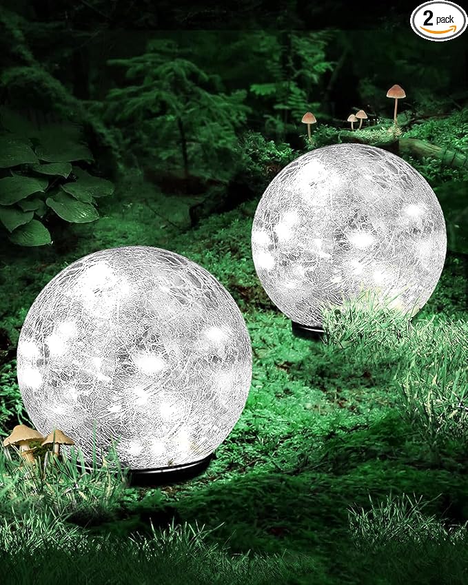 Garden Solar Ball Lights Outdoor Waterproof, 80 LED Cracked Glass Globe Ground Lights for Path Yard Patio Lawn, Outdoor Decoration Landscape White (2 Pack 5.9'')