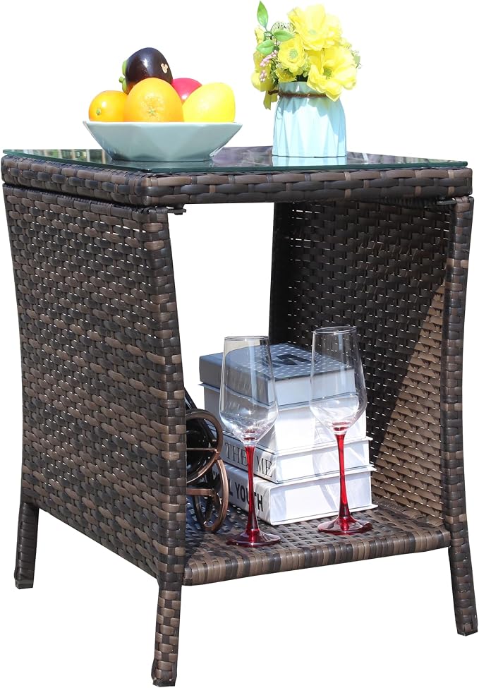 Outdoor Wicker Side Table, 19.25" Patio End Table with Storage & Tempered Glass Top, PE Rattan Coffee Table for Backyard Balcony Garden Lawn, 120 lbs Capacity, Brown