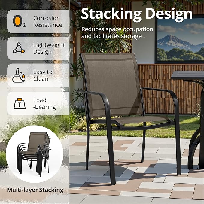 SUNCROWN 8 - Piece Outdoor Dining Set, Patio Furniture Set with 6 Textilene Dinning Chairs, 1 Rectangle Metal Table and 1 Brown 9Ft Patio Umbrella for Lawn Garden Backyard Deck, Brown