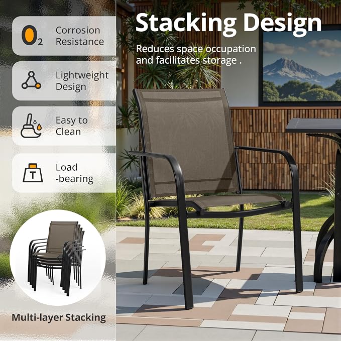 SUNCROWN 7 - Piece Outdoor Dining Set, Patio Furniture Set with 6 x Textilene Dinning Chairs and 53" Metal Round Table with Umbrella Hole for Lawn Garden Backyard Deck, Brown