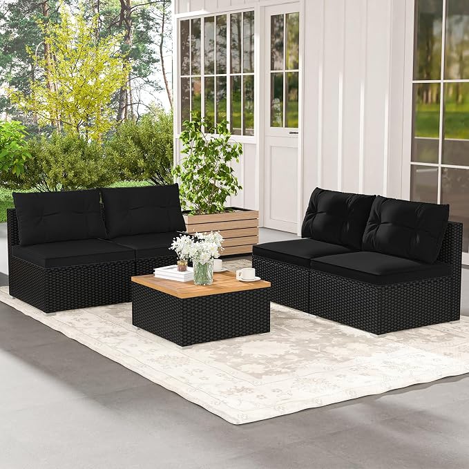 5 Pieces Patio Furniture Set, Outdoor Sectional Sofa with Acacia Wood Coffee Table & Cushions, Wicker Patio Conversation Set for Porch, Deck, Balcony, Poolside & Backyard (Black)