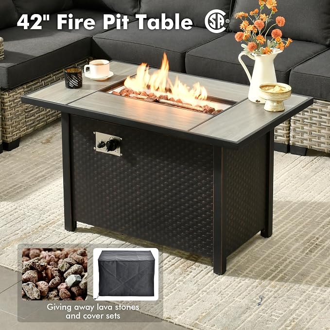 Weaxty 9 Pieces Wide Seats Outdoor Furniture Set, Sectional Couch Swivel Rocking Chair Ottoman Fire Pit Table, Thick Cushion All-Weather Rattan Patio Conversation Sets for Backyard Deck, Black