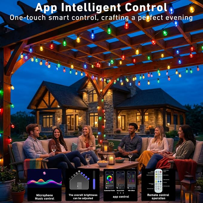 Outdoor String Lights,200FT Smart RGB+IC Patio Lights with Shatterproof LED Bulbs ,Outside Light Dimmable Patio for Decor DIY IP67 Waterproof ,Courtyard, garden,Holiday,LED lights more Scene Modes
