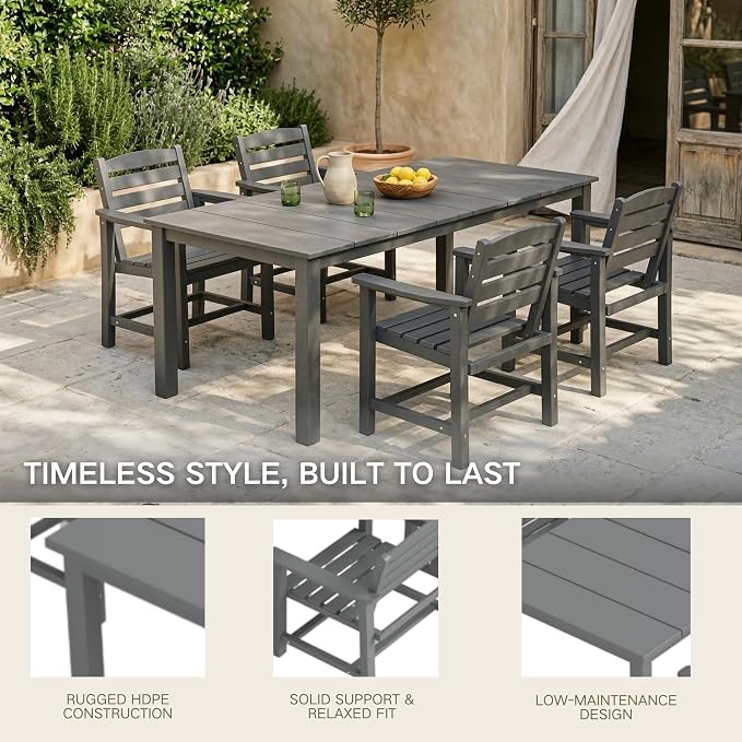 Kingdura 7 Piece Patio Dining Set for 6, 75.2'' HDPE Outdoor Dining Table Set with 2" Umbrella Hole, Weather-Resistant Outdoor Furniture, Table and Chairs Set for Backyard Pool Garden, Grey