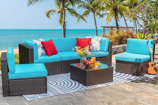 Outdoor Patio Furniture 6 Piece Set, PE Rattan Wicker Sectional Sofa Conversation Set with Coffee Table, for Garden Backyard Poolside, Outdoor Sectional Sofa Set