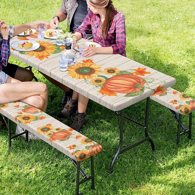 Fall Picnic Table Cover with Bench Covers Rectangle Pumpkin Sunflower Fitted Picnic Table Cover with Bench Covers Washable Table Cover Outdoor Patio Camping Essentials 72x30 Inches