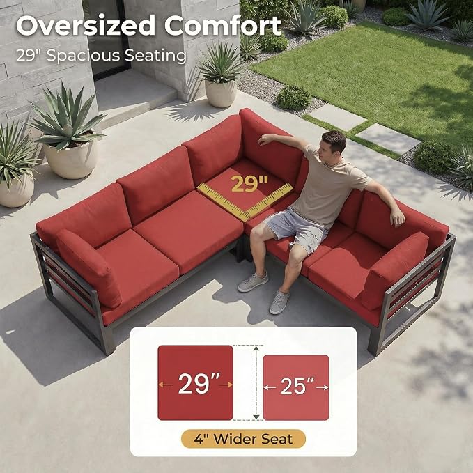 RADIATA 9 Piece XL Aluminum Patio Sectional Furniture Set with Chaise & Fire Pit Table, 500 lbs Heavy Duty Anti-Rust Outdoor Couch, 29 inch Deep Wide Seating, Elegant Conversation Sofa for Yard, Red