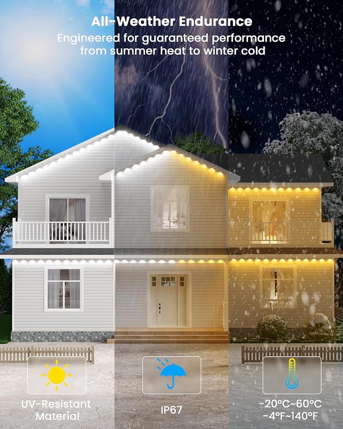 Gefolly Permanent Outdoor Lights Pro, 100ft, 60 RGBW Light, 111 Scene Modes | Double-LED for Daily, Halloween, Christmas, IP67 Waterproof for Outdoor Decor, Works with Alexa, Google Assistant, White