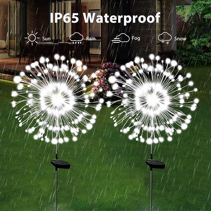 Solar Garden Lights Solar Firework Light Outdoor Waterproof 2 Pack Solar Powered Art Stake Twinkle Lights Outside Decor 180 LED Sparklers String Light for Yard Pathway Decorations (White)