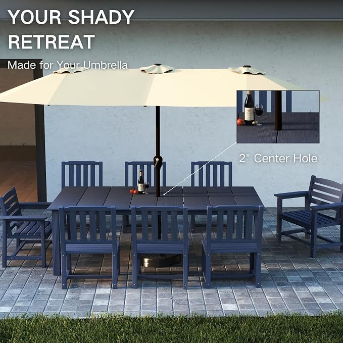 Kingdura 9 Piece Patio Dining Set for 8, HDPE Outdoor Table & Chairs with Umbrella Hole, All-Weather Outdoor Furniture Patio Conversation Set for Lawn Pool Backyard, Navy Blue