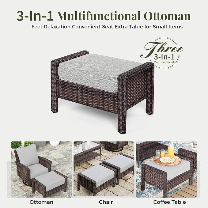 MIXPATIO 6-Piece Wicker Patio Furniture Set with Swivel Chairs, High Back Outdoor Furniture with 5.5-inch Thick Cushion and Ottoman, All-Weather Wicker Patio Conversation Set for Deck Yard Pool, Grey