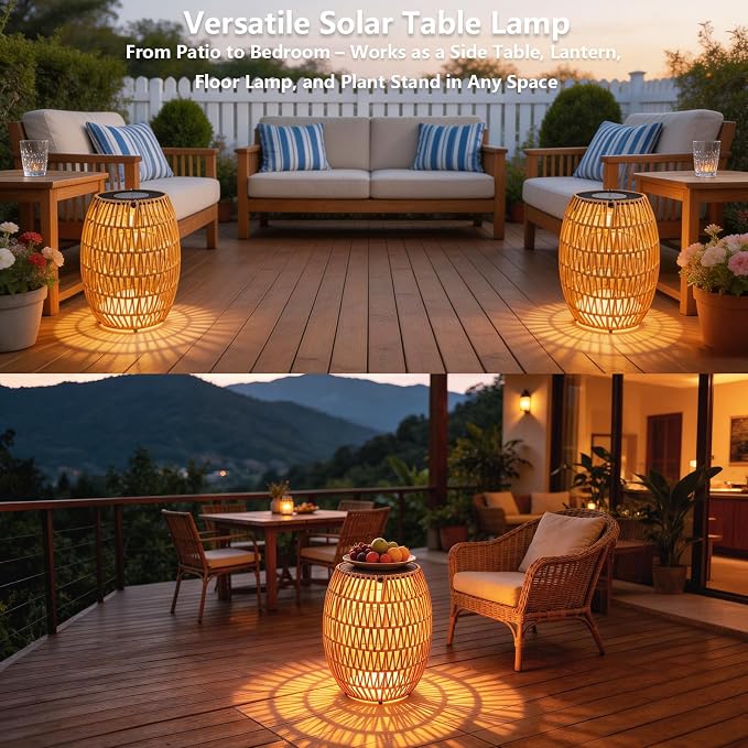 Solar Outdoor Side Table, Boho Handwoven Drum Rattan, 12.8" D x 16.9" H | 3-Color Temperature Light, Patio End Table, Dusk to Dawn Auto Sensor, IP65 Waterproof, For Porch Balcony Garden