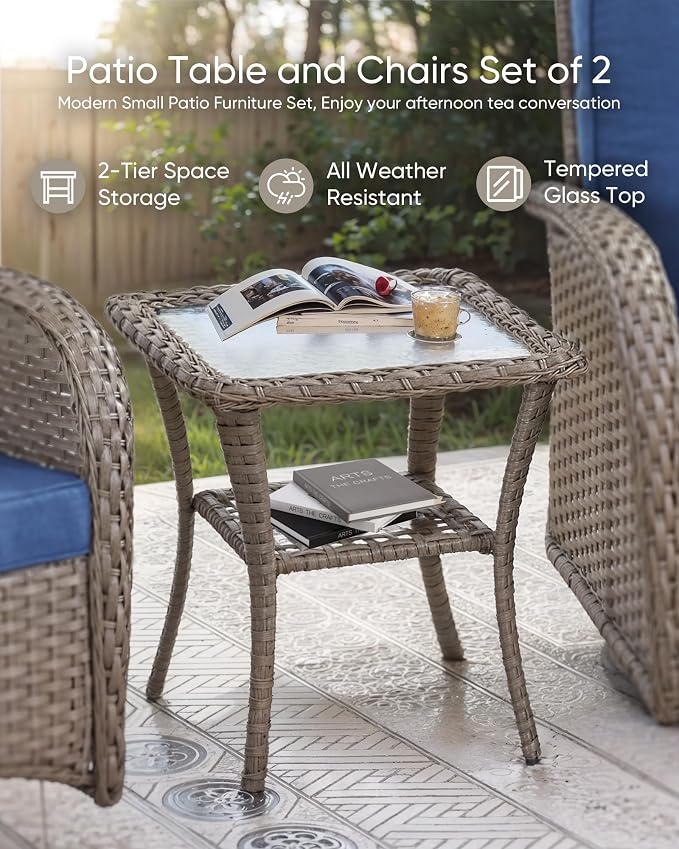 HUMMUH 3-Piece Wicker Swivel Rocking Patio Bistro Set, Grey/Blue | 360-degree swivel, 2-tier side table, UV-proof Olefin fabric, 4-inch sponge cushions, 3-inch armrests