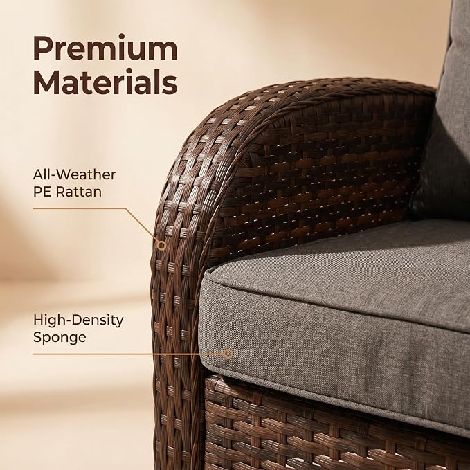 YLGJ&TIDY Outdoor Furniture 2PCS Set All-Weather Brown Wicker Patio Conversation Set 3 Seater Rattan Sofa Glass Coffee Table for Garden Backyard Porch Balcony w/Thick Cushions (Gray,2PCS Sofa/Table)