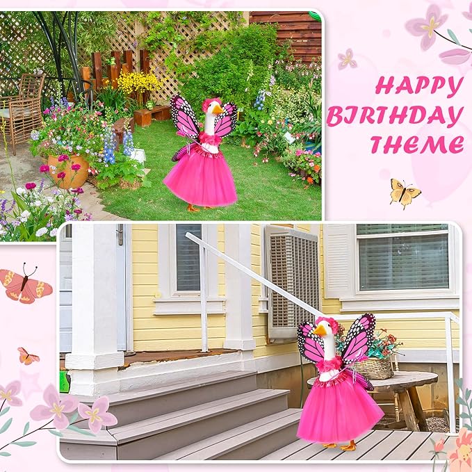 5pcs Butterfly Porch Goose Outfit Costume Tutu Skirt Butterfly Wing Wand Flower Crown for 17‘' 23‘' Cement Goose