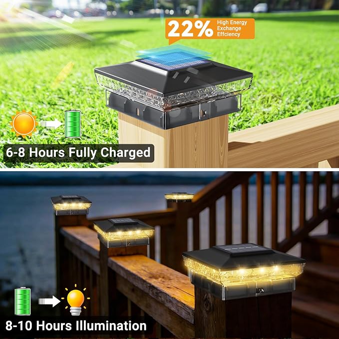btfarm 4x4 Solar Post Cap Lights Outdoor, 2 Color Modes 16 LED Fence Post Lights Fit 4x4 3.5x3.5 Wooden/Vinyl, Bright Waterproof Solar Powered Deck Lighting Outside for Patio Porch Garden, Black