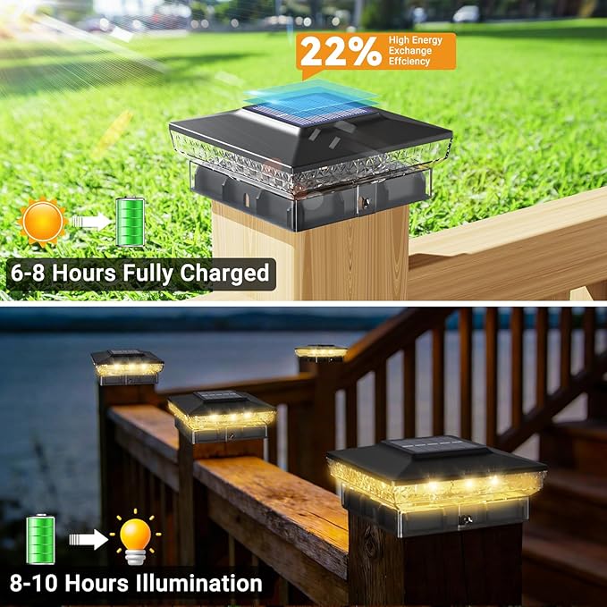 btfarm 4x4 Solar Post Cap Lights Outdoor, 2 Modes 16 LED Deck Fence Post Lights, 6 Pack Waterproof Solar Powered Lighting Outside Fit 4x4 3.5x3.5 Wooden/Vinyl for Porch Patio Garden, Black