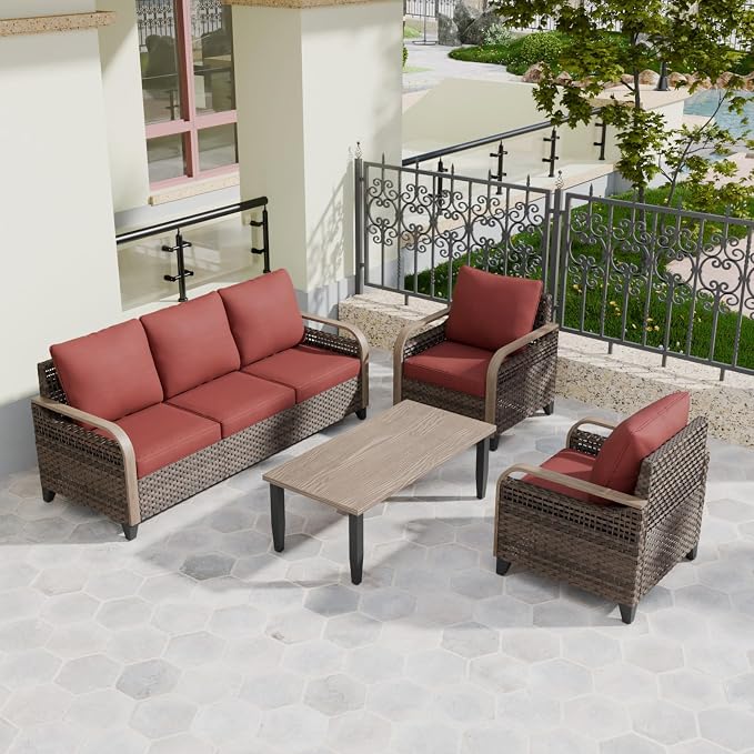 COOS BAY Modern Wicker Outdoor Furniture Set, 4 Piece Patio Conversation Set with 2 Patio Chairs, a 3 Seat Couch and Side Table, 4 Piece, Brown/Red