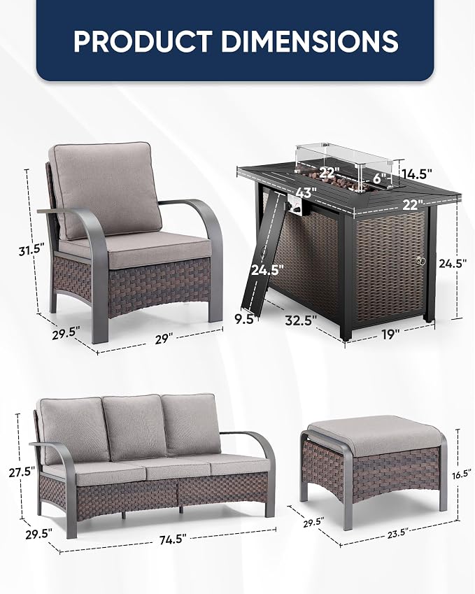 HUMMUH Outdoor Patio Furniture Set with Fire Pit-PE Wicker Patio Chairs Set of 2 with Rattan Sofa Patio Conversation Set for Deck Porch Garden Poolside Backyard-Brown/Grey