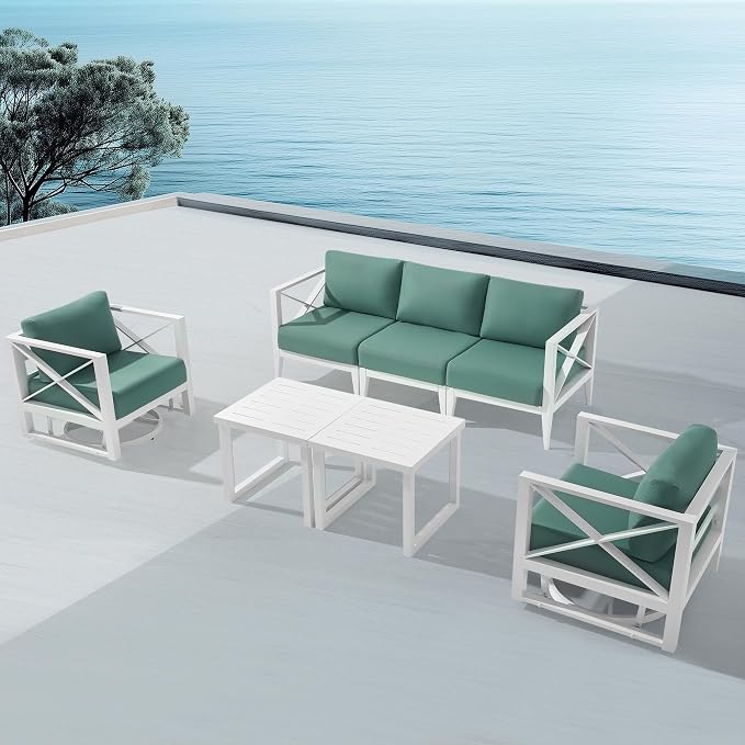 Aluminum Patio Furniture Set, 5-Seat Outdoor Conversation Set with 2 Swivel Rocking Chairs & 2 Coffee Tables, Weather-Resistant Sofa Set for Poolside, Garden, Backyard – White