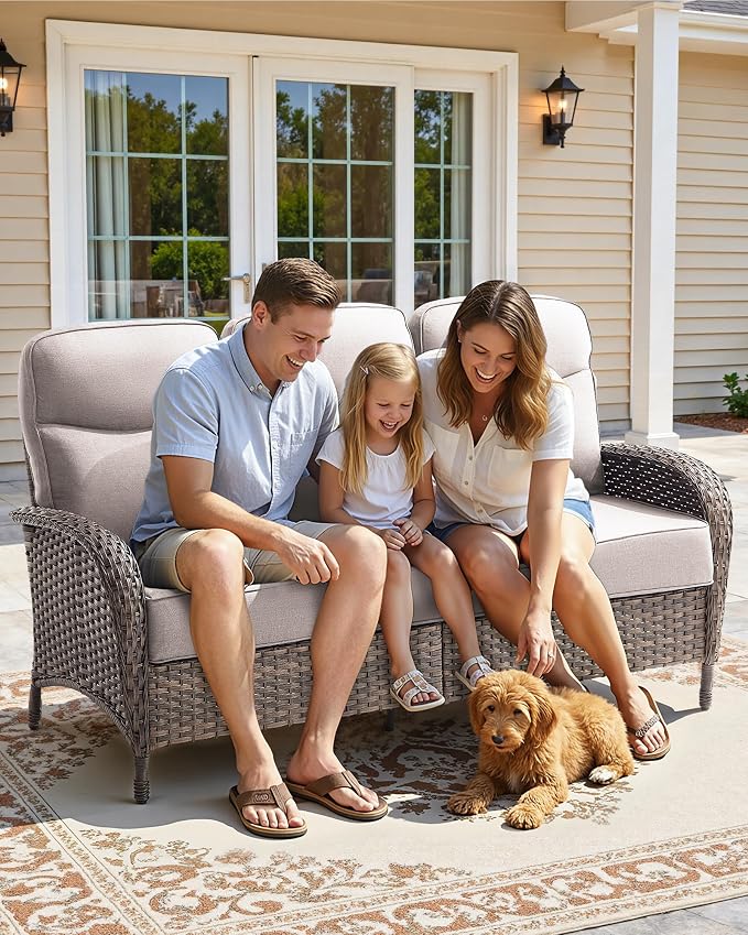 7-Piece Luxury Patio Furniture Set with 6-Inch Thick Cushions, High-Back Outdoor Sofa & Swivel Rocking Chairs with Wicker 42" Fire Pit, All-Weather Conversation Set for Porch, Deck, Yard – Beige
