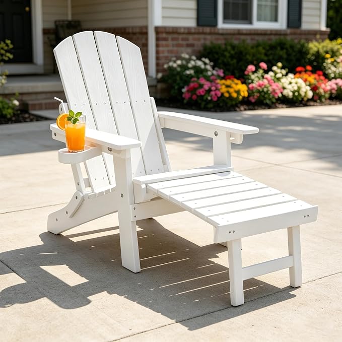 Outdoor Foldable Adirondack Chair with footrest,Patio Recliner,3-Level Adjustable Backrest,Hidden Ottoman,Ergonomic Design,Ideal for Patio,Camping, Pool Use.(White)