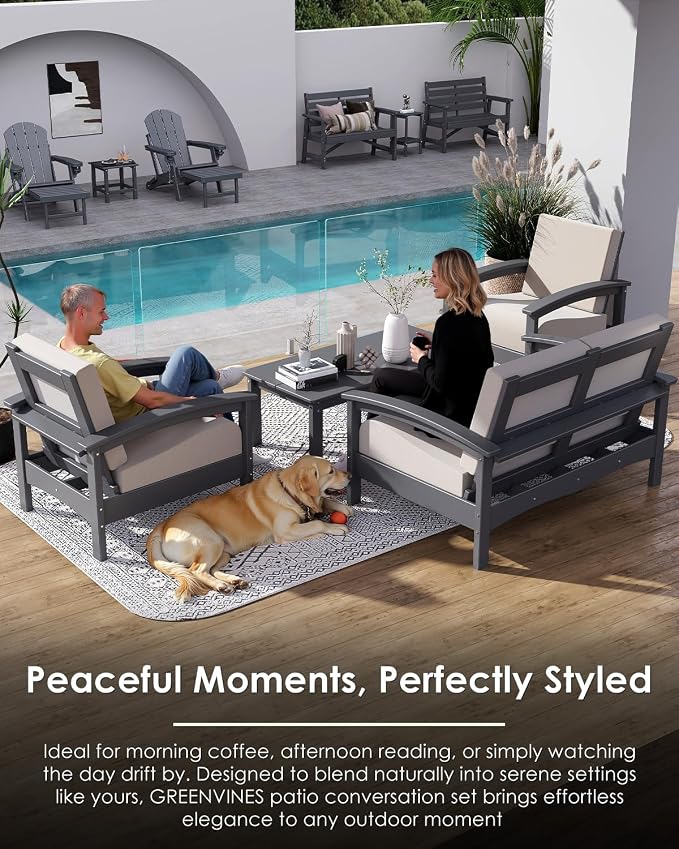 GREENVINES Deluxe 4-Piece Patio Furniture Set | HDPE Plastic | Outdoor Sectional Conversation Sets | All-Weather Couch | Sofa with Coffee Table | Black Frame w/Beige Cushion | for Porch Lawn | Gray