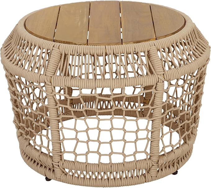 Outdoor Side Table with Light Beige Rope Frame, Patio Side Tables for Outside, Round Acacia Wood Outdoor End Table for Poolside Backyard Gazebo,No Assembly Required