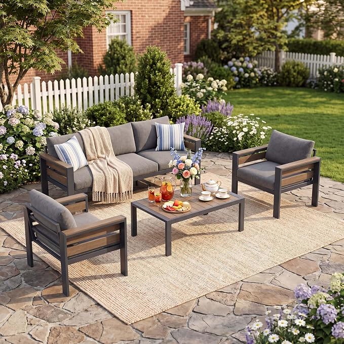 DoCred Aluminum Patio Furniture Set, 4-Piece Modular Patio Conversation Set with Widened Armrests and Thickened Cushions, Metal Outdoor Furniture Set for Porch, Balcony, Deck, Yard, Poolside