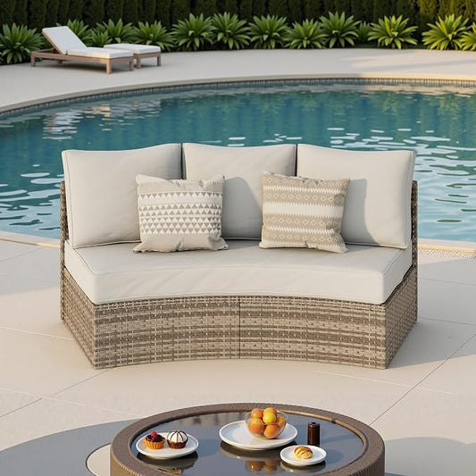 Jocisland 3-Piece All-Weather Wicker Conversation Set, Half-Moon Outdoor Sectional Sofa with Removable Cushions, Rattan Patio Furniture Set for Backyard, Garden & Deck, Beige