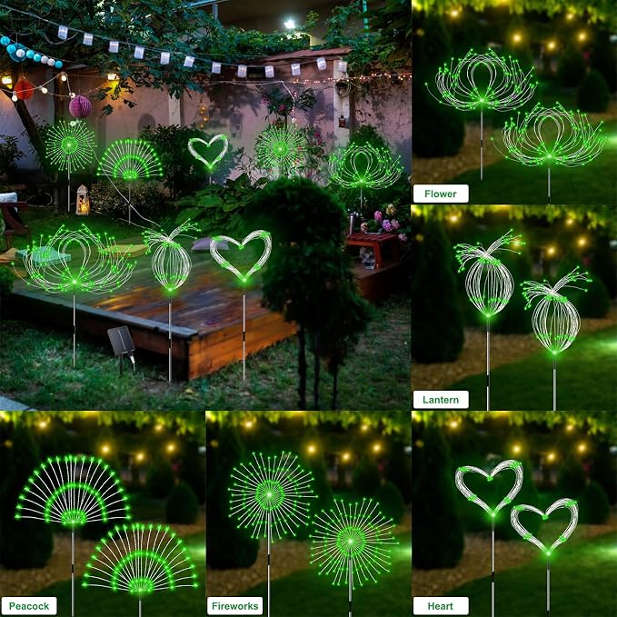 Slyuexu Solar Garden Lights Outdoor Waterproof, 4 Pack Total 480 LED Solar Firework Lights Decorative with 8 Lighting Modes Outside for Yard Pathway Flowerbed Decor, Green