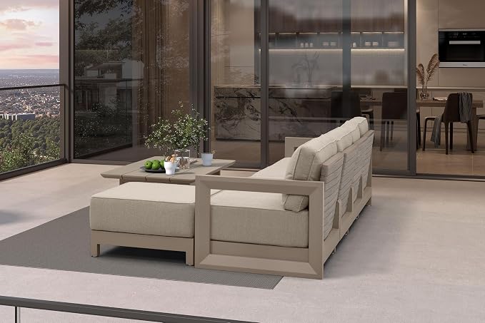 PURPLE LEAF Patio Furniture Set L-Shaped Outdoor Couch with 9.6" Thick Cushion and Soft Pillows 6 Piece Outdoor Sectional Sofas with Table Modern Outdoor Conversation Sets for Yard Porch Deck, Khaki