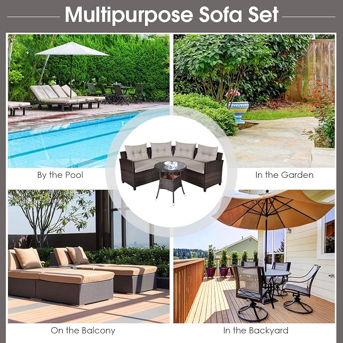 COSTWAY 4-Piece Patio Furniture Set, Wicker Rattan Sofa with Cushions and Coffee Table, Outdoor Sectional Conversation Sofa Set for Poolside Backyard Lawn Backyard (Grey)