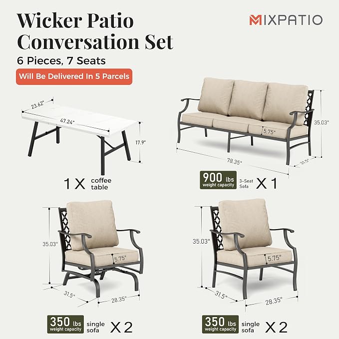 MIXPATIO Patio Furniture Set 6 pcs, Outdoor Patio Furniture, 1 X 3-Seat Sofa, 2 X Single Chairs, 2 X Rocker Chairs, 1 X Coffee Table and 5.75" Extra Thick Cushion, Patio Conversation Set,Beige