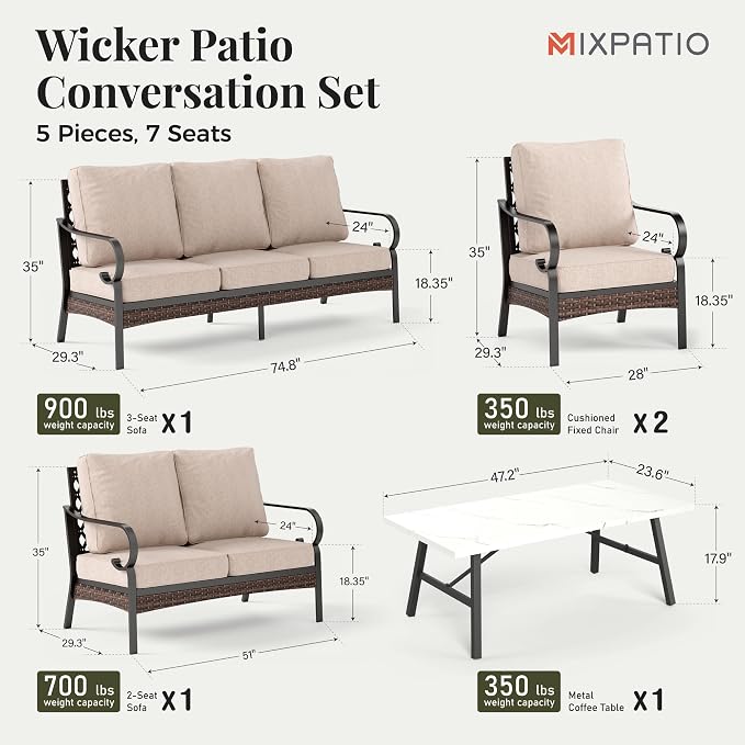 MIXPATIO Patio Furniture Set with Coffee Table, Outdoor Conversation Set with 2 x Fixed Chairs, 1 x 2-Seat Sofa, 1 x 3-Seat Sofa for Lawn Garden Backyard, Beige
