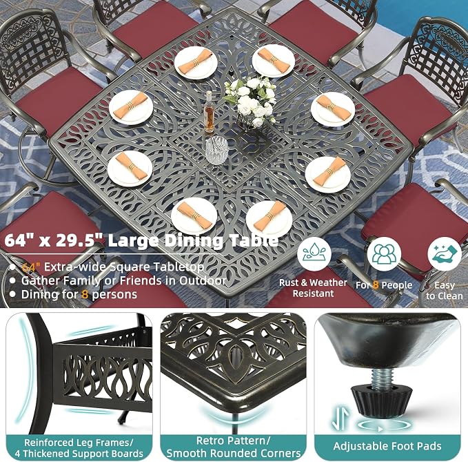 MEETWARM 9-Piece Outdoor Patio Dining Set for 8, All Weather Cast Aluminum Patio Funiture Table and Chairs Set- Large 64" Square Table and 4 Swivel Rocker Chairs, 4 Stationary for Garden, Red