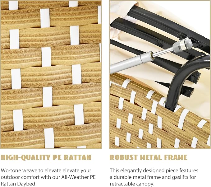 Merax Patio Conversation Set, 5-Piece Outdoor Furniture Round Sectional Sofa Set Rattan Daybed Two-Tone Weave Sunbed with Retractable Canopy, Beige