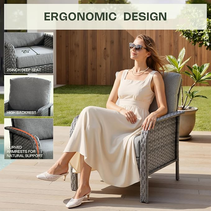 6-Piece Patio Furniture Set, Outdoor Wicker Furniture with Coffee Table, All Weather High Back Loveseat Patio Chairs, Modern Rattan Outdoor Chairs Conversation Set for Porch, Balcony, Garden,Dark Gray