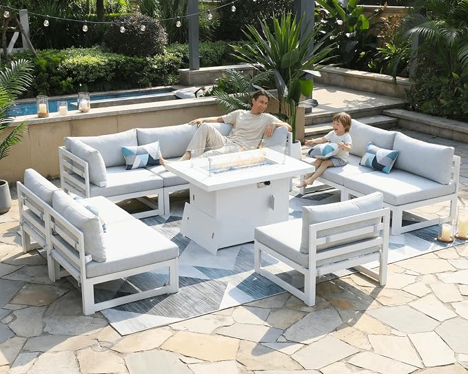 BULEXYARD 9 Piece Luxury Aluminum Outdoor Sectional Sofa with Fire Pit Table, Extra Large L Shaped Patio Furniture Set, 29" Deep Wide Seating, Comfortable Durable Conversation Set for 500 lbs, White
