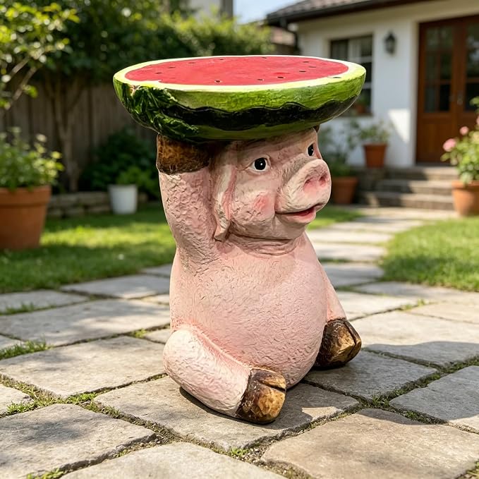 13.4" Cute Pig Side Table w/ Watermelon Top, Resin Plant Stand, Pink+Red | Multi-Functional End Table for Home Garden Patio, Weather-Resistant, Fun Novelty Decor Accent