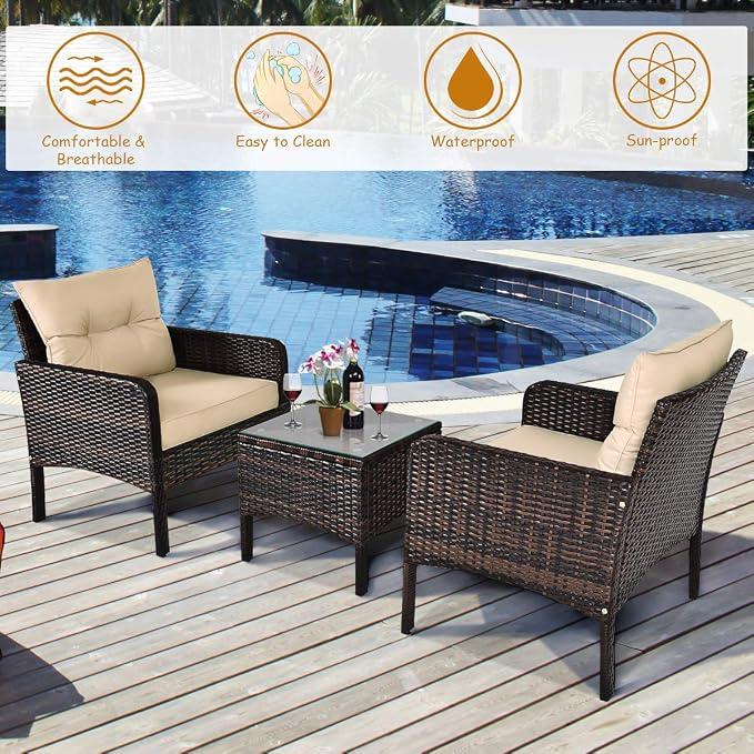 DORTALA Small Patio Furniture Set 3 Piece, Wicker Outdoor Table and Chairs Set with Cushions, All Weather Rattan Conversation Bistro Set for Balcony, Porch, Backyard, Deck, Beige