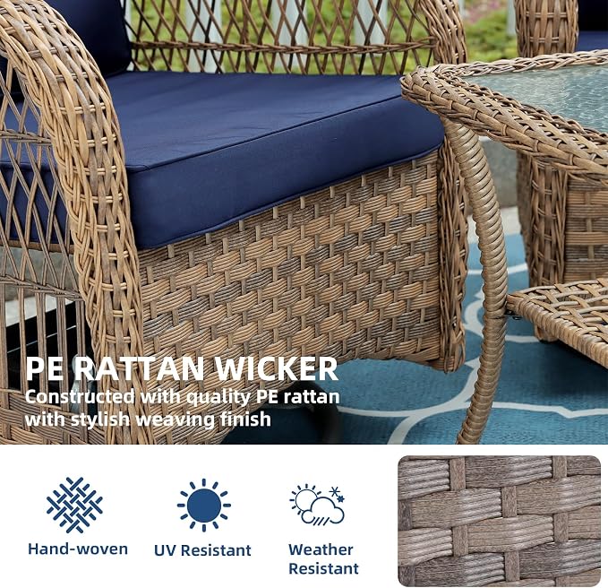 7-Piece Wicker Patio Furniture Sets Outdoor All-Weather Rattan Conversation Set Includes Glider Loveseat, 2 Glass-Top Coffee Tables, 2 Swivel-Gliders Chairs for Porch Backyard, Navy Blue