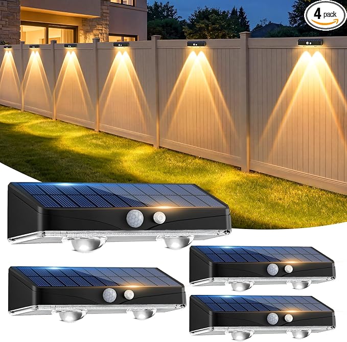 kolpop Solar Fence Lights Outdoor with Motion Sensor,Fence Lights Solar Powered,IP65 Waterproof,3 Modes LED Solar Lights for Patio,Backyard,Railing,Wall,Nighttime,Party,Pool,4 Pack,Warm White