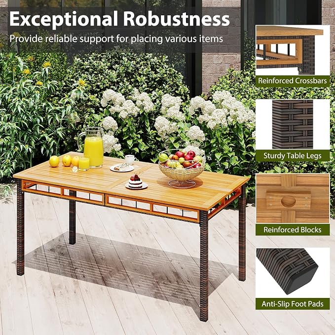 HAPPYGRILL Acacia Wood Outdoor Dining Table 63", 4-6 Person Rectangular Metal Patio Table with Umbrella Hole and Rattan Legs, Slatted Outdoor Furniture for Garden, Poolside, Backyard and Deck