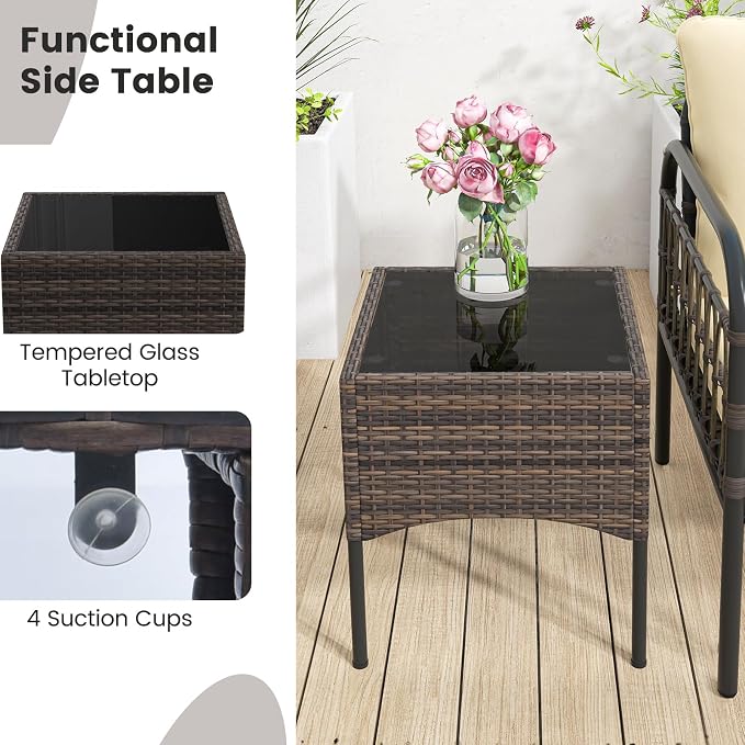 Tangkula 5 Piece Patio Conversation Set, Outdoor Wicker Chair Set w/Ottomans & Coffee Table, Comfy Seat & Back Cushions, Patio Wicker Woven Furniture Set for Backyard, Poolside (Beige)