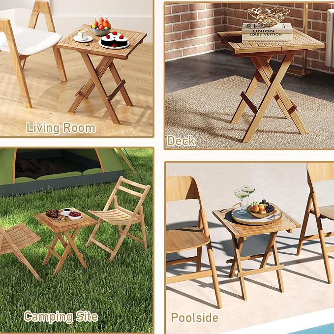 RELAX4LIFE Folding Outdoor Side Table - Teak Wood End Table, 18’’ Square Coffee Bistro Table w/Slatted Tabletop, Portable Picnic Camp Table for Poolside Porch Garden, Foldable Small Patio Table